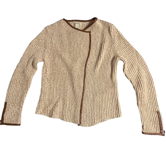 NWOT Lucky Brand Open Faux Leather Edged Sweater, Browns |M - Picture 3 of 15